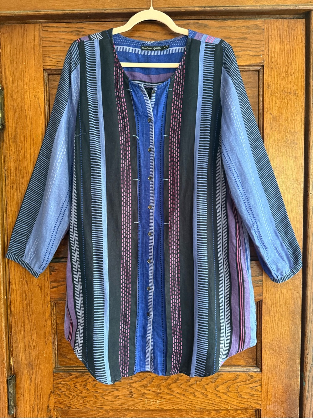 GUDRUN SJODEN Linen Cotton Striped Tunic Top Flowy Lagenlook Boho Art to Wear M